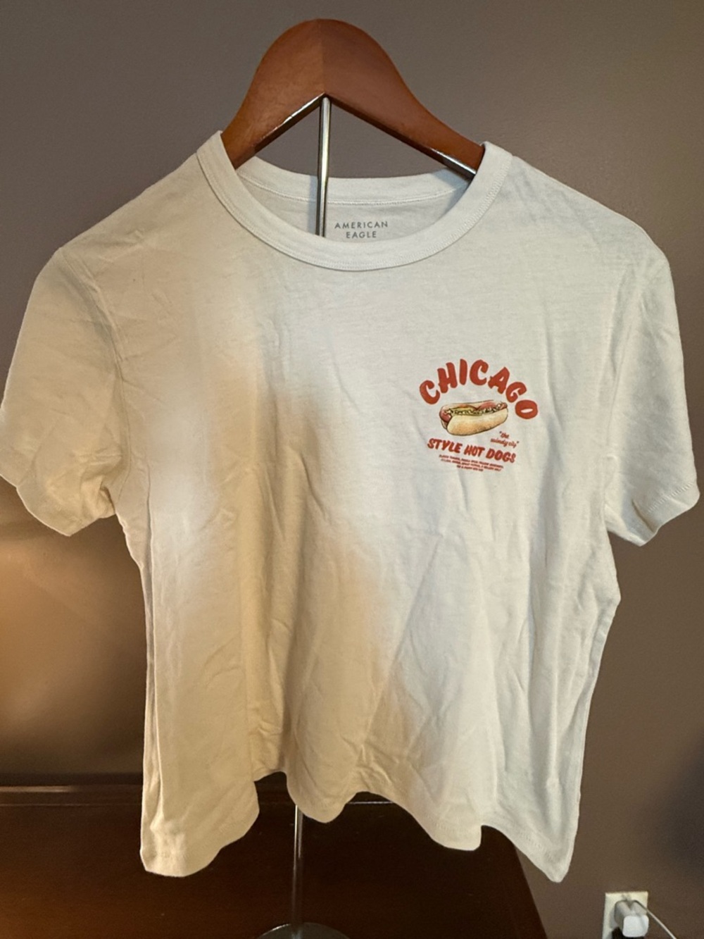 American Eagle Outfitters White Tee with Red Chicago Hot Dog Graphic